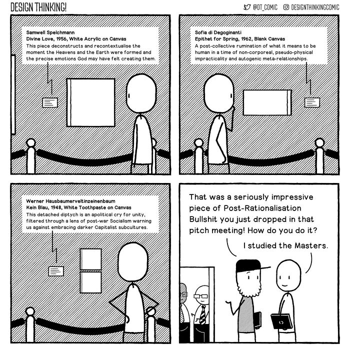 Comic illustrating struggles in digital design career with a character humorously discussing creative pitch meetings.