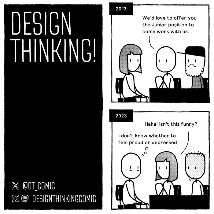 Comic illustrating the struggles in digital design career showing changing job experiences from 2013 to 2023.