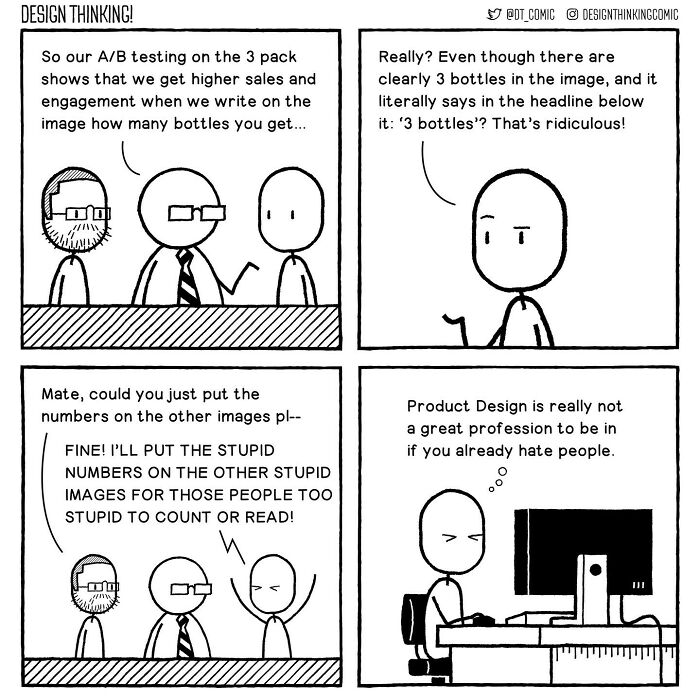 Comic illustrating the relatable struggles in a digital design career with frustrations over A/B testing and user engagement.