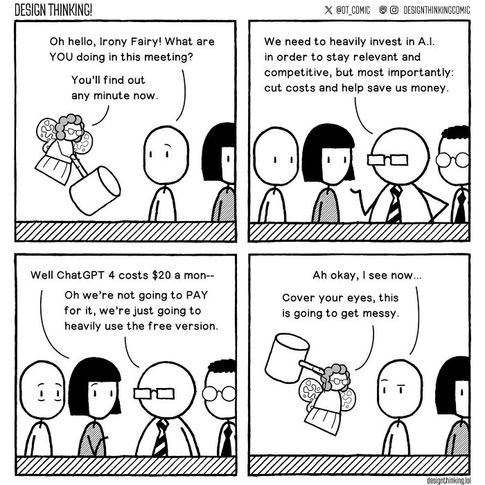 Comic illustrating struggles in digital design career with humor about AI investment and ChatGPT usage in meetings.