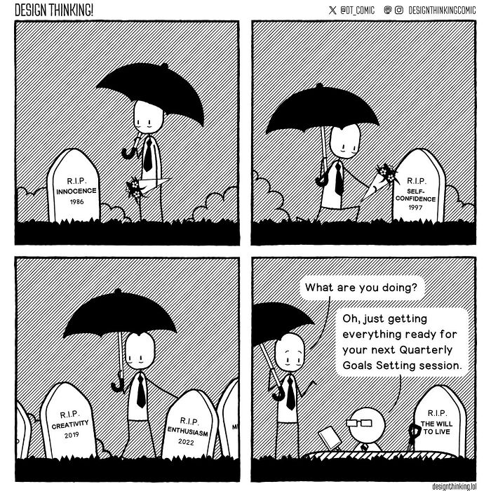 Comic panels showing a character visiting gravestones labeled with lost traits, illustrating struggles in a digital design career.