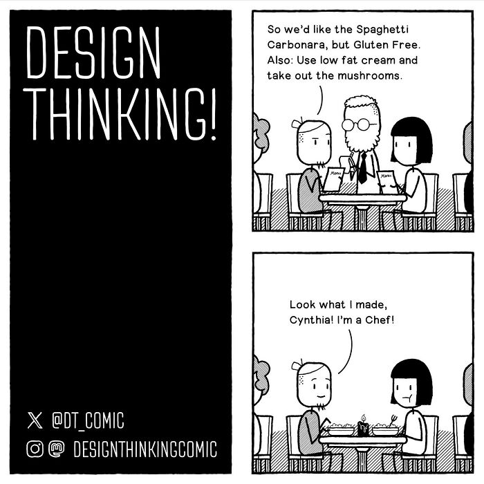 Comic illustrating struggles in digital design career featuring a client’s unrealistic and changing requests in a restaurant setting.