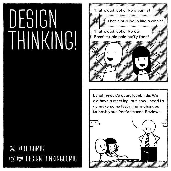 Comic panels illustrating struggles in a digital design career with characters discussing design and work challenges.