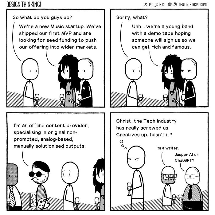 Comic strip illustrating relatable struggles in digital design career, highlighting challenges faced by creatives in the tech industry.