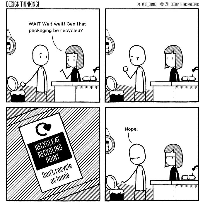 Comic strip illustrating relatable struggles in a digital design career, focusing on design thinking and recycling challenges.