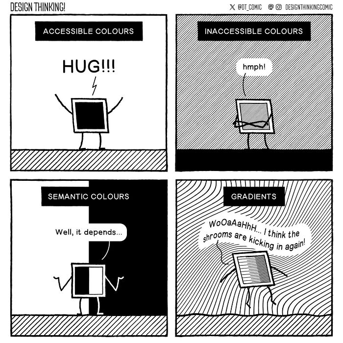 Comic illustrating digital design struggles with accessible, inaccessible, semantic colors, and confusing gradients in a relatable style.