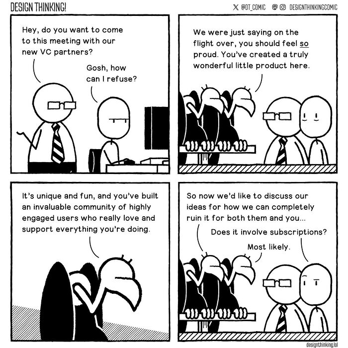 Comic illustrating the struggles in a digital design career with characters discussing project challenges and VC meetings.
