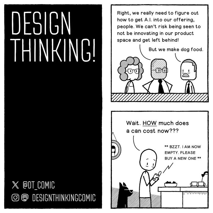 Comic illustrating struggles in a digital design career with humor about AI and product innovation challenges.