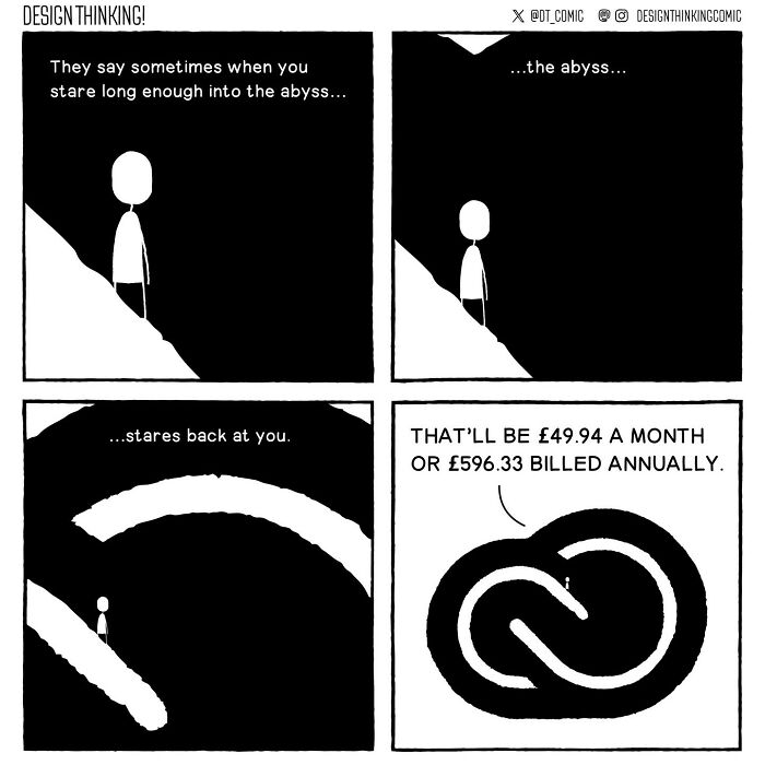 Minimalist comic illustrating the digital design career struggle with Adobe Creative Cloud subscription costs.