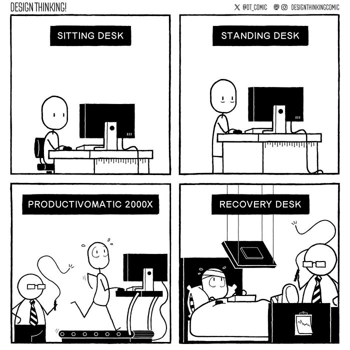 Comic illustrating the struggles in digital design career showing different desk setups and recovery after work.