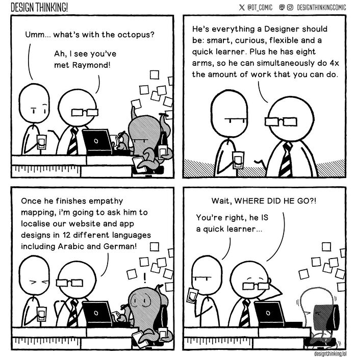 Comic illustrating struggles in digital design career with a designer and an octopus multitasking at a desk.