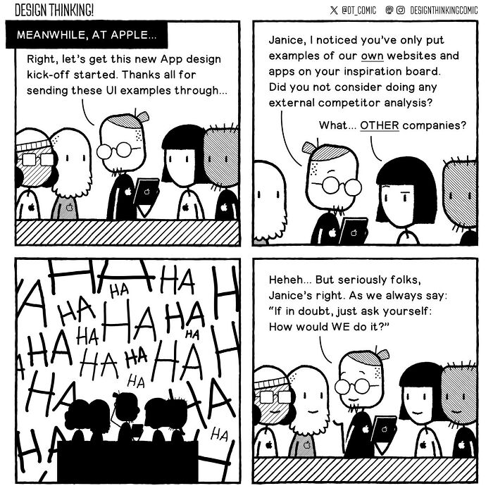 Comic illustrating digital design career struggles with relatable workplace interactions and humorous feedback in a team meeting.