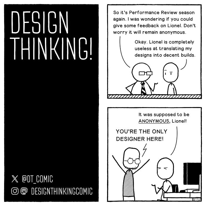 Comic illustrating struggles in digital design career with anonymous performance review and designer feedback in a relatable style.