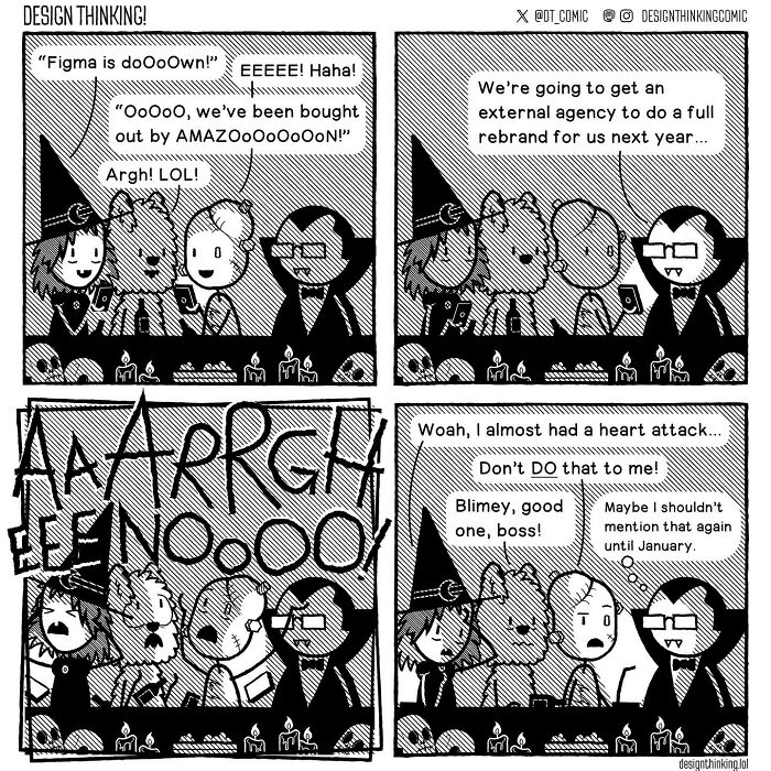 Black and white comic illustrating relatable struggles in digital design career with characters reacting to rebranding news.