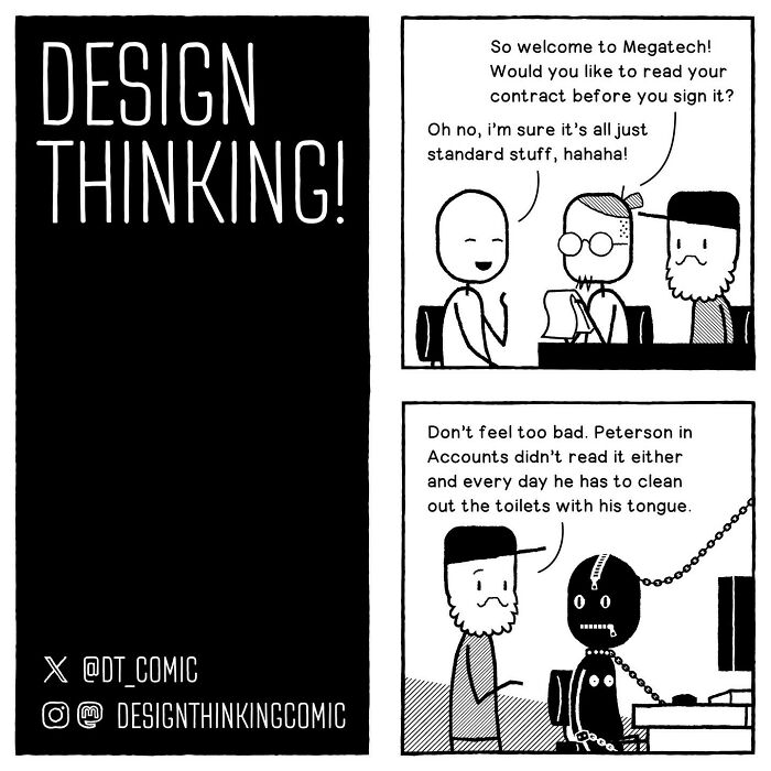 Black and white comic illustrating struggles in a digital design career with humor about contract reading and office tasks.