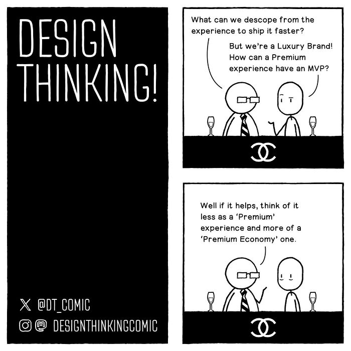 Comic illustrating the struggles in digital design career discussing premium experience vs premium economy in design thinking.