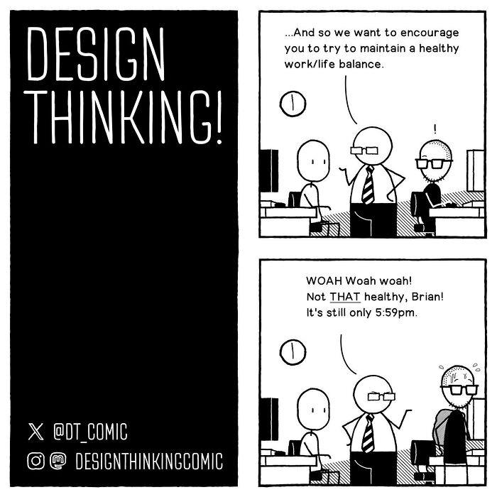 Black and white comic illustrating relatable struggles in a digital design career about work-life balance humor.