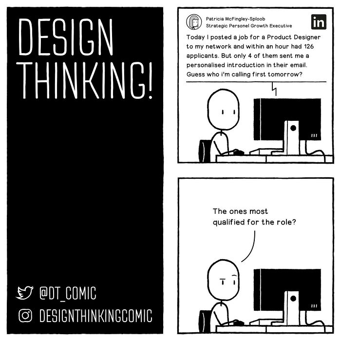 Comic illustrating the struggles in a digital design career, showing job application challenges and qualifications.