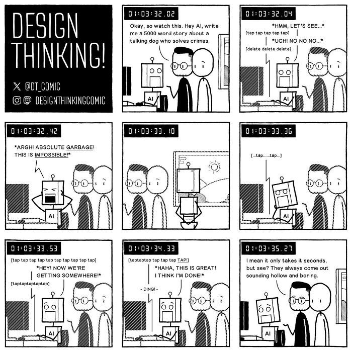 Black and white comic panels illustrating struggles in digital design career with a designer and an AI robot interaction.