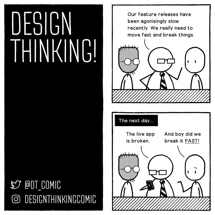 Comic illustrating struggles in digital design career with characters discussing slow releases and app breaking fast.