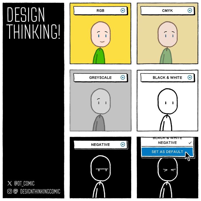 Comic illustrating design thinking through color modes showing struggles in digital design career in a relatable style.