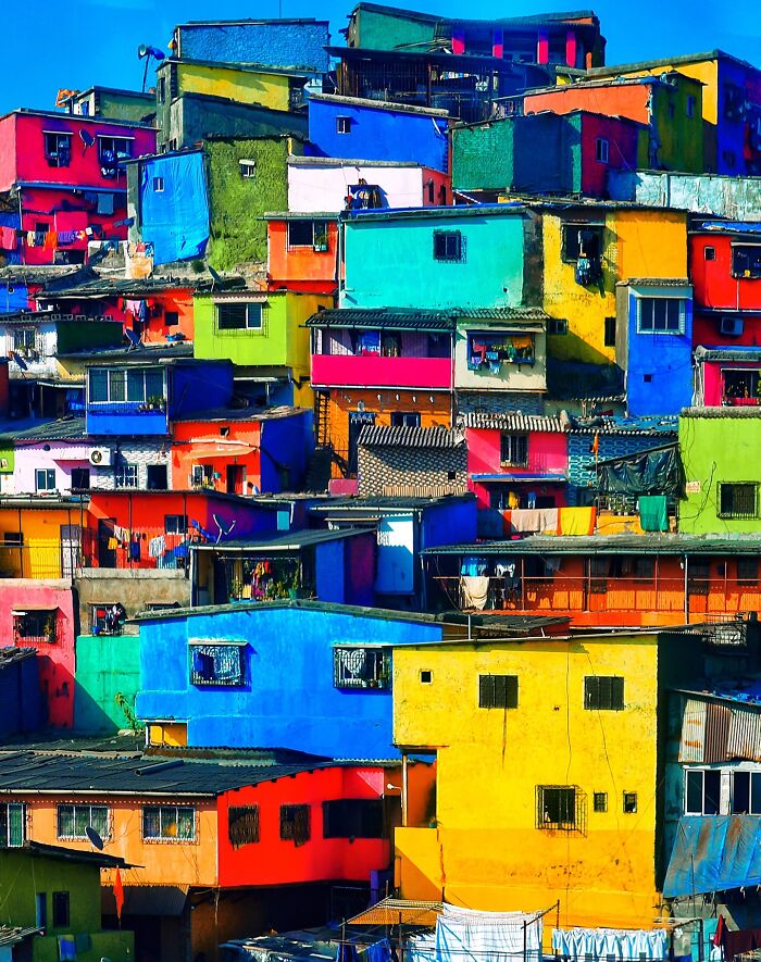 Vivid colorful houses stacked on a hillside in India, showcasing vibrant and lively urban life in a dense neighborhood.