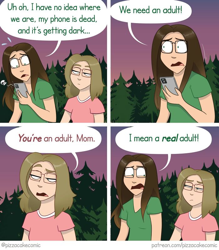 Two women in a funny comic about life and everyday chaos, one worried with a dead phone, the other unimpressed.