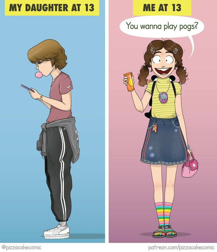 Side-by-side funny comic comparing a 13-year-old daughter texting and a nostalgic girl playing with pogs, highlighting everyday chaos.