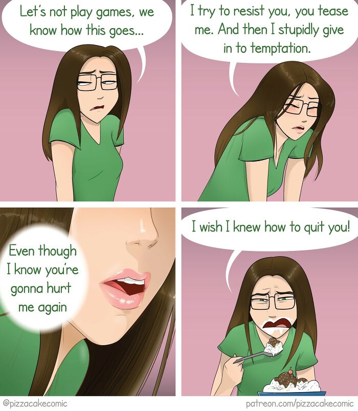 Woman in green shirt expressing frustration and temptation in a funny comic about life, cats, and everyday chaos.