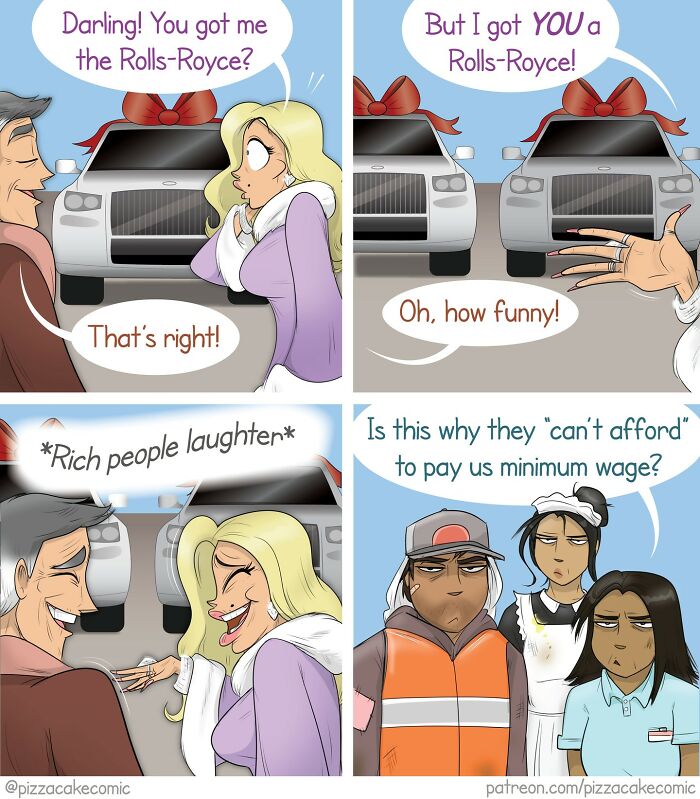 Comic about life and everyday chaos showing rich people laughing over a Rolls-Royce while workers question minimum wage pay.