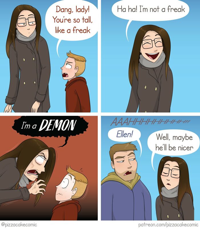 Comic strip showing funny everyday chaos with tall woman and boy, featuring humor about life and quirky character interaction.