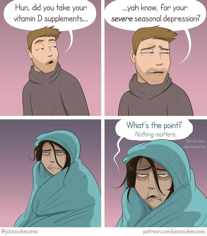 Comic panels showing a tired couple discussing vitamin D supplements and seasonal depression in everyday life chaos.
