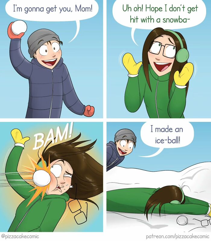 Funny comic showing a child throwing a snowball at their mom, capturing everyday chaos and life moments.