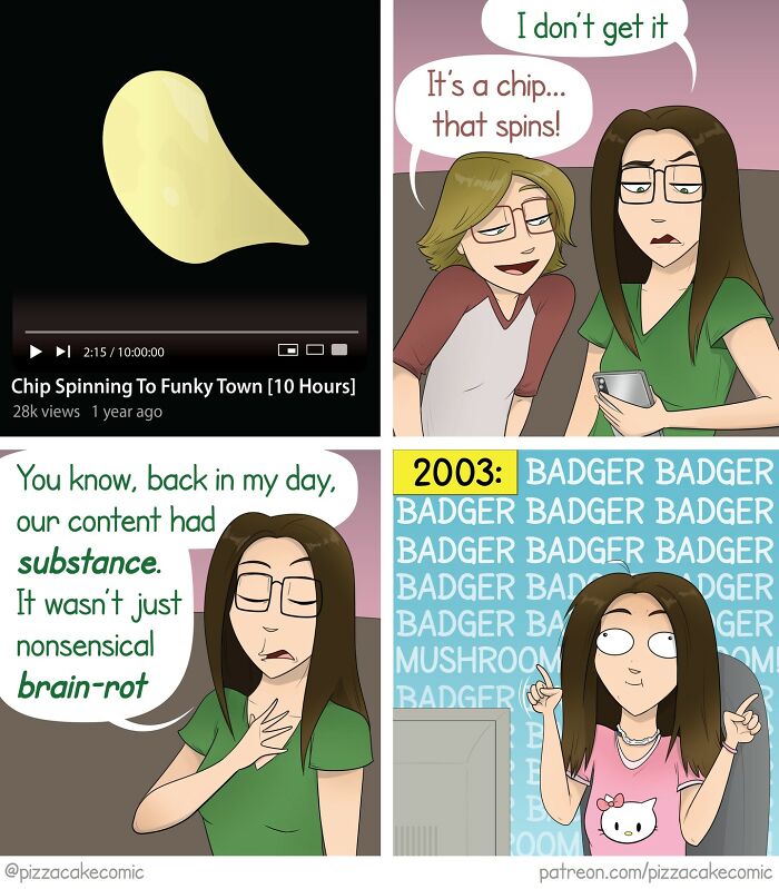 Comic panels showing a humorous take on internet culture and everyday chaos with a chip spinning video and nostalgic content.
