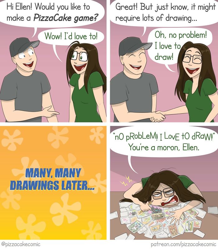 Comic strip showing two people excited about drawing a game, highlighting everyday chaos and funny comics about life and cats.