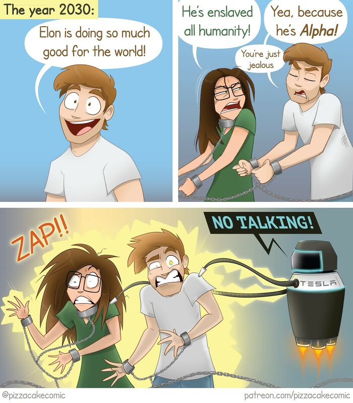 Comic depicting futuristic life chaos with characters chained and zapped by a Tesla robot in a funny everyday scenario.