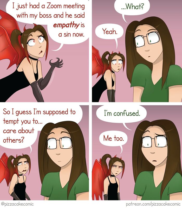 Comic panels showing two characters discussing empathy and confusion, featuring funny life and everyday chaos themes.