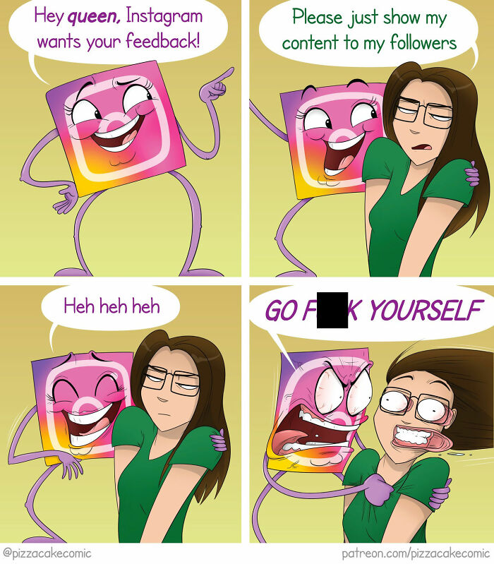 Angry Instagram logo character interacting humorously with a woman in a funny comic about life and everyday chaos.