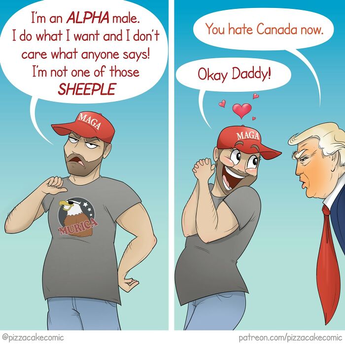 Funny comic strip featuring a man in a MAGA hat interacting with a caricature of Donald Trump about loyalty and opinions.