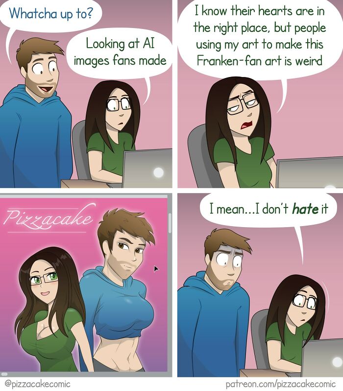 Funny comic panels showing a conversation about AI art and fan creations in a humorous everyday life setting.