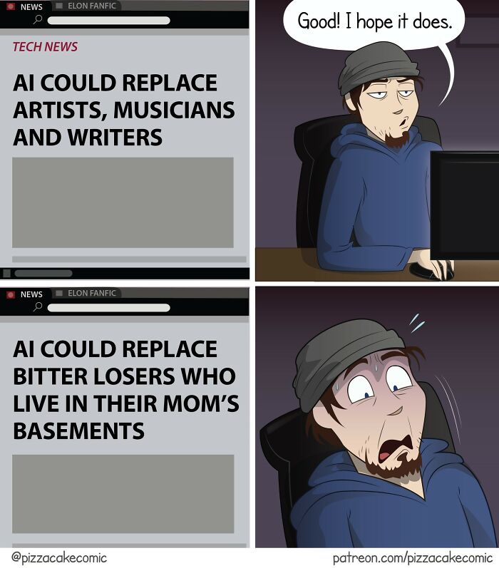 Comic showing a man reacting to headlines about AI replacing artists and bitter losers in everyday life chaos.