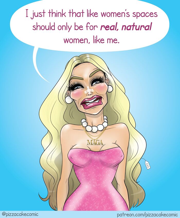 Caricature comic of a woman in a pink dress with a speech bubble, highlighting funny comics about life and everyday chaos.