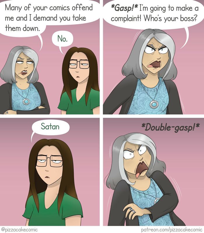 Comic panels showing a humorous exchange between two women, illustrating funny comics about life, cats, and everyday chaos.