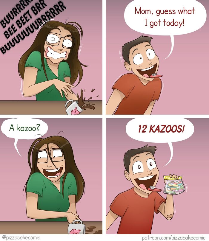Funny comic strip showing everyday chaos with a child excitedly presenting kazoos to a stressed mom spilling coffee.