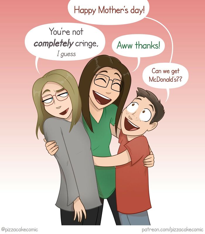 Funny comic about life and everyday chaos showing a warm family hug with humorous Mother's Day messages.