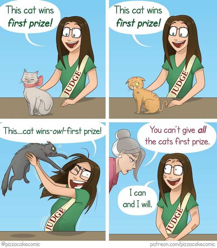 Comic panels showing a cat judge awarding first prize to various cats, humorously capturing life and cat chaos moments.