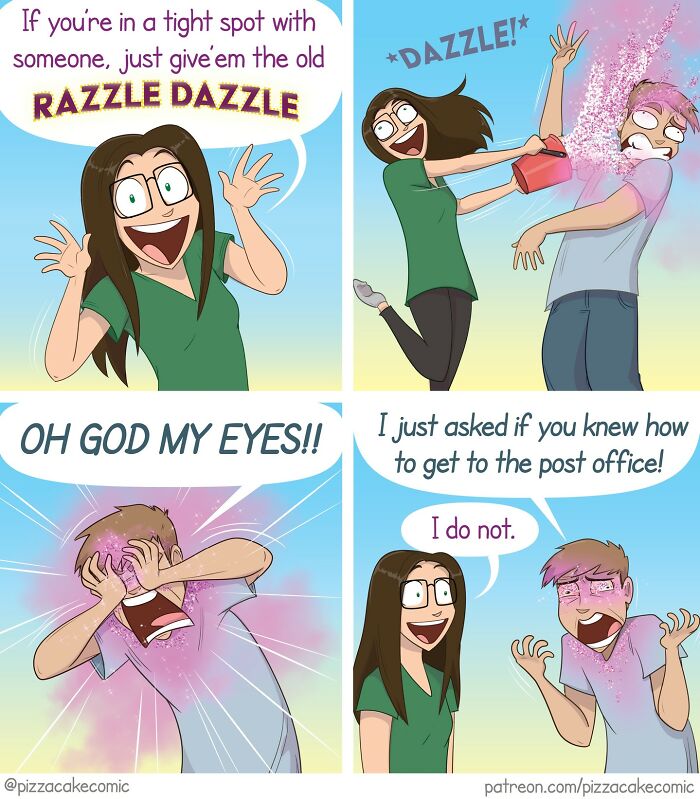 Comic strip showing a funny interaction with glitter spray causing chaos, featuring cats and everyday life humor.