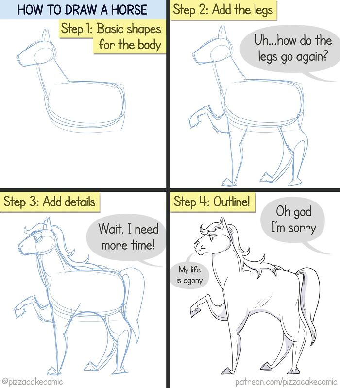 Comic showing how to draw a horse in four steps with funny speech bubbles about life and drawing chaos.