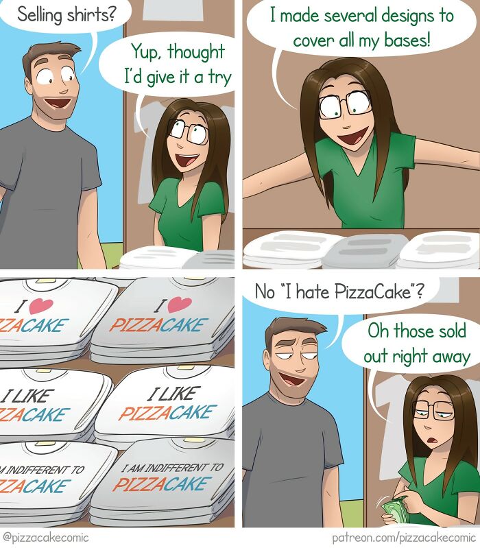 Comic strip showing a woman selling funny shirts with various pizza-themed designs about life and everyday chaos.