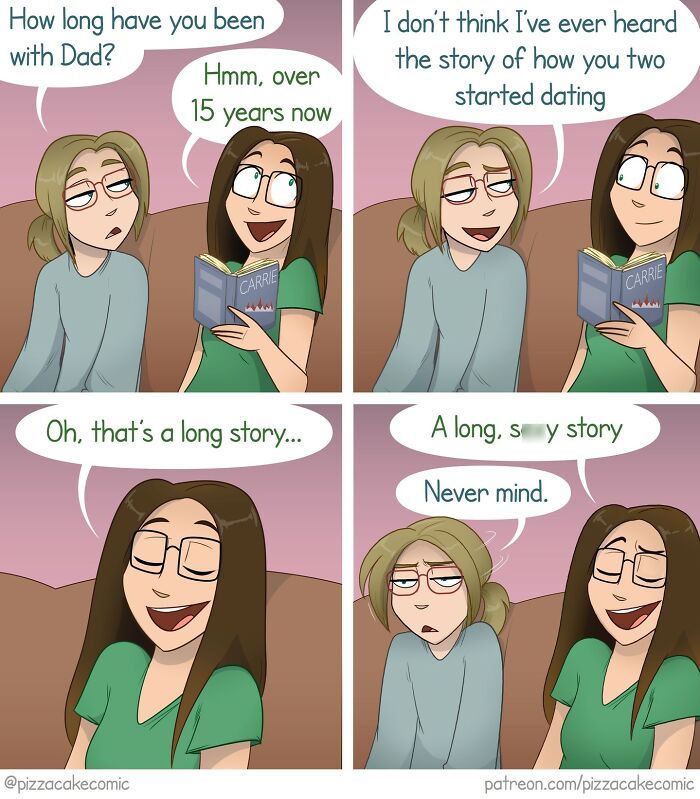 Two women on a couch sharing a funny comic about life and everyday chaos with a book titled Carrie.